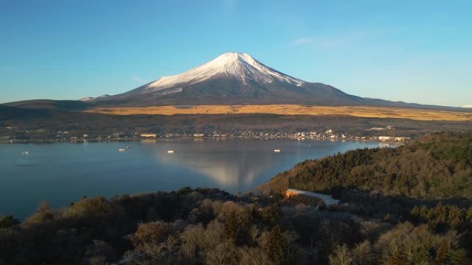 山中湖和富士山的空中前方