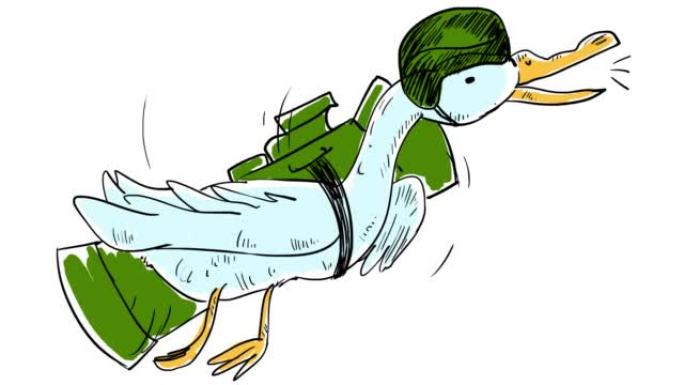 一只卡通鹅戴着头盔和榴弹发射器飞起来。
