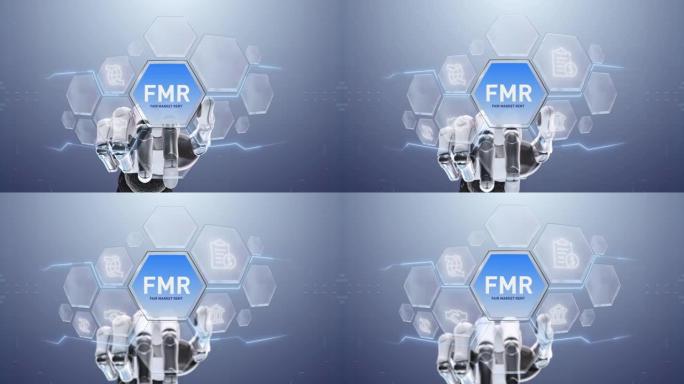 FMR公平市场租金机器人手触摸，触摸未来，界面技术，用户体验的未来，旅程和技术概念，数字屏幕界面