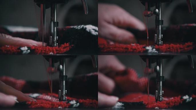 缝纫机的针和脚穿透织物特写