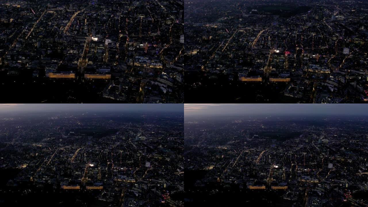 鸟瞰图在晚上从英国伦敦西区缩小。4K