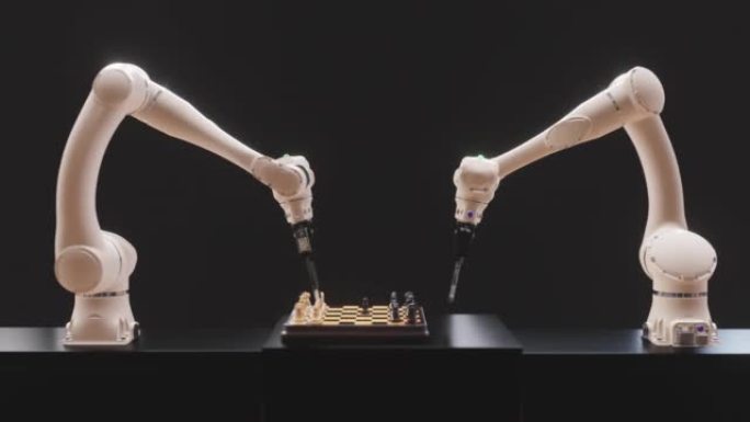 现代技术的成就。机器人手下棋形式的人工智能。