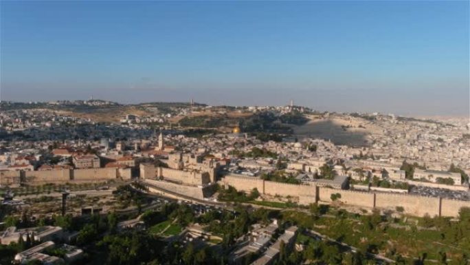 日落时的耶路撒冷老城大卫塔，空中