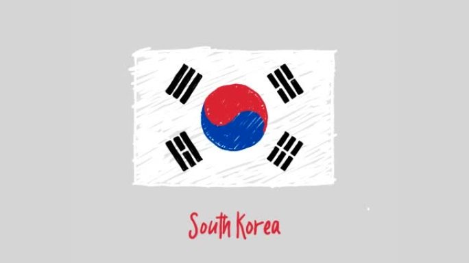 韩国国旗标记白板或铅笔彩色素描循环动画