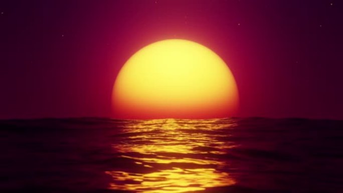 大红大热的太阳在地平线上的大海反射。无限循环动画。