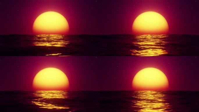 大红大热的太阳在地平线上的大海反射。无限循环动画。