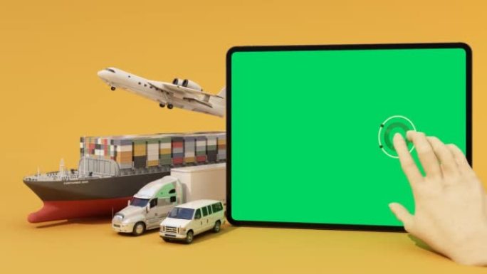 国际运输运输概念平板电脑绿屏VR被纸板箱包围，一艘货物集装箱船，一架飞行飞机，一辆货车和一辆卡车隔离