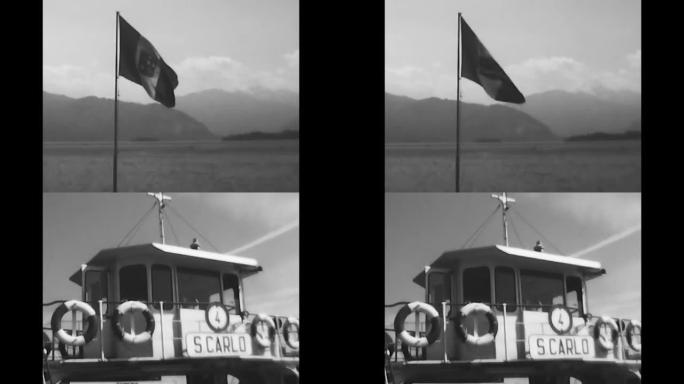 70年代黑白相间的渡轮客舱和旗子