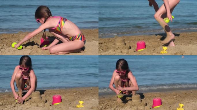 在热带海滩上玩耍的孩子。小女孩在夏季家庭度假时在海上玩耍