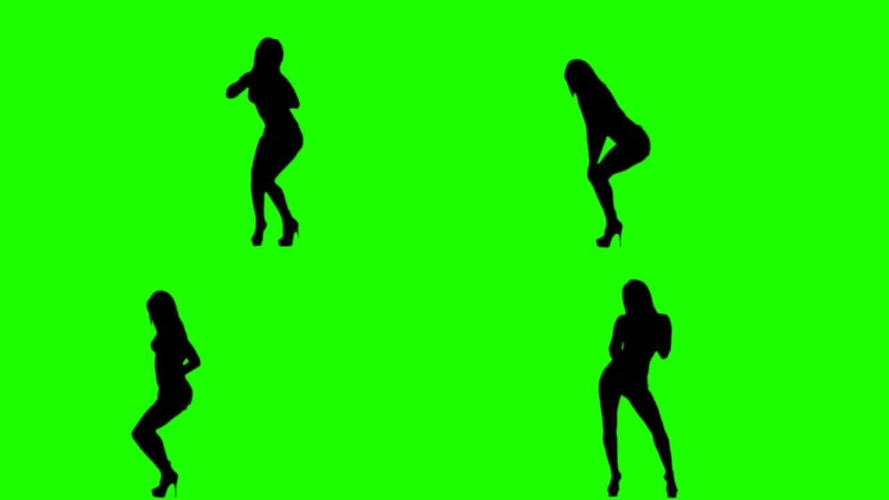 绿色屏幕上的跳舞女孩剪影