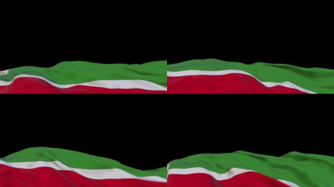 车臣共和国织物旗在风圈上挥舞。车臣共和国刺绣缝制的布条在微风中摇曳。半填充黑色背景。文本的位置。20