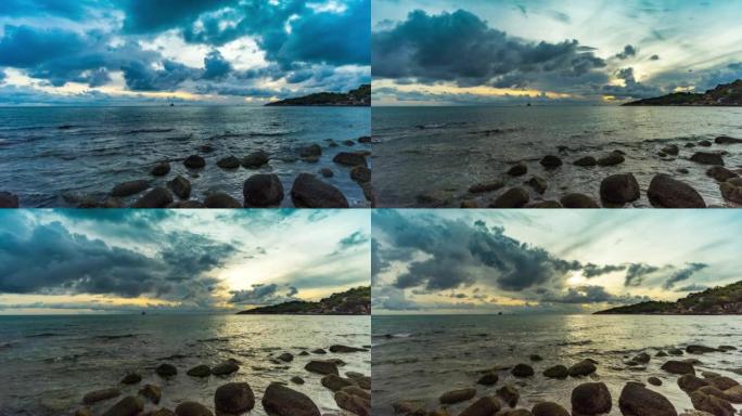 海洋和岩石海滩上的日出，延时视频