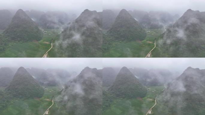 无人机在雾蒙蒙的雨林树木附近的雾蒙蒙的蜿蜒山路上飞行。电影镜头鸟瞰图雄伟的热带山脉景观。在越南北部