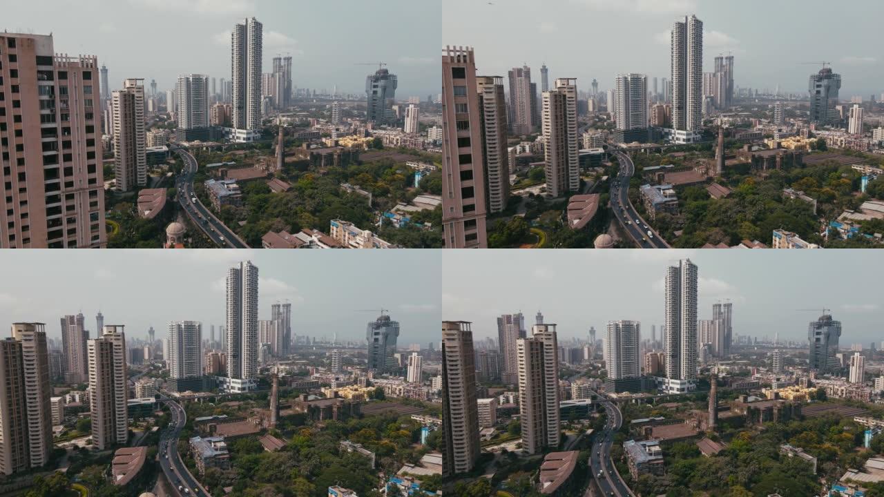 马哈拉施特拉邦孟买市鸟瞰图。住在印度，孟买的天际线。