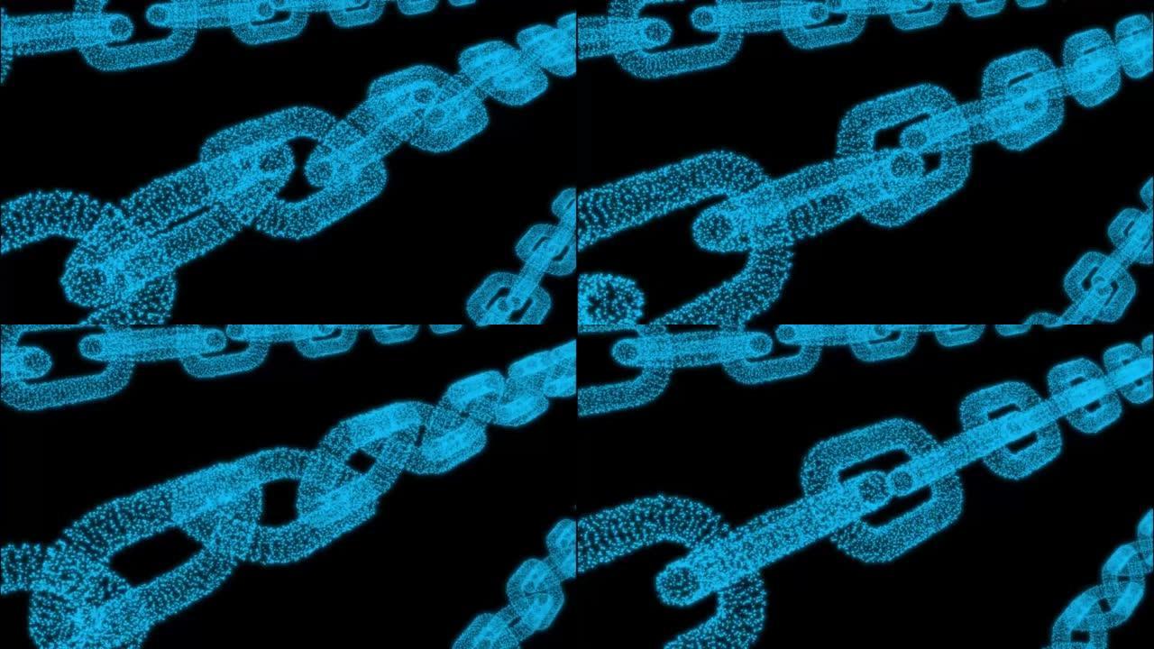 区块链数据交易过程动画黑色背景上的抽象连接蓝色粒子链。网络连接。加密货币全球网络安全概念。4K