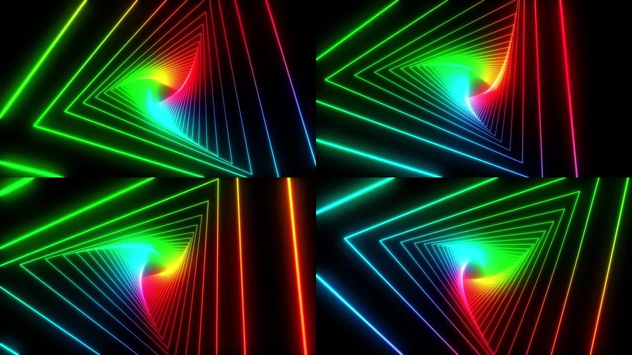 美丽的抽象三角隧道，彩色灯光线条缓慢移动。背景未来主义走廊与霓虹灯。3d渲染。