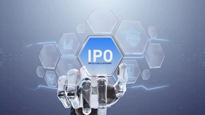 IPO首次公开发行机器人手触摸，触摸未来，界面技术，用户体验的未来，旅程和技术概念，数字屏幕界面