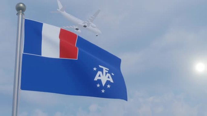 动画无缝循环国旗与飞机-法国南部和南极土地