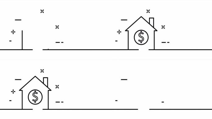 房子和美元。私有财产，房地产购买，财务管理。商业概念。一个线条画动画。运动设计。动画技术标志。视频4