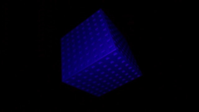 关闭蓝色3D立方体旋转隔离在黑色背景，无缝循环。设计。由方形缺口覆盖的旋转人物。