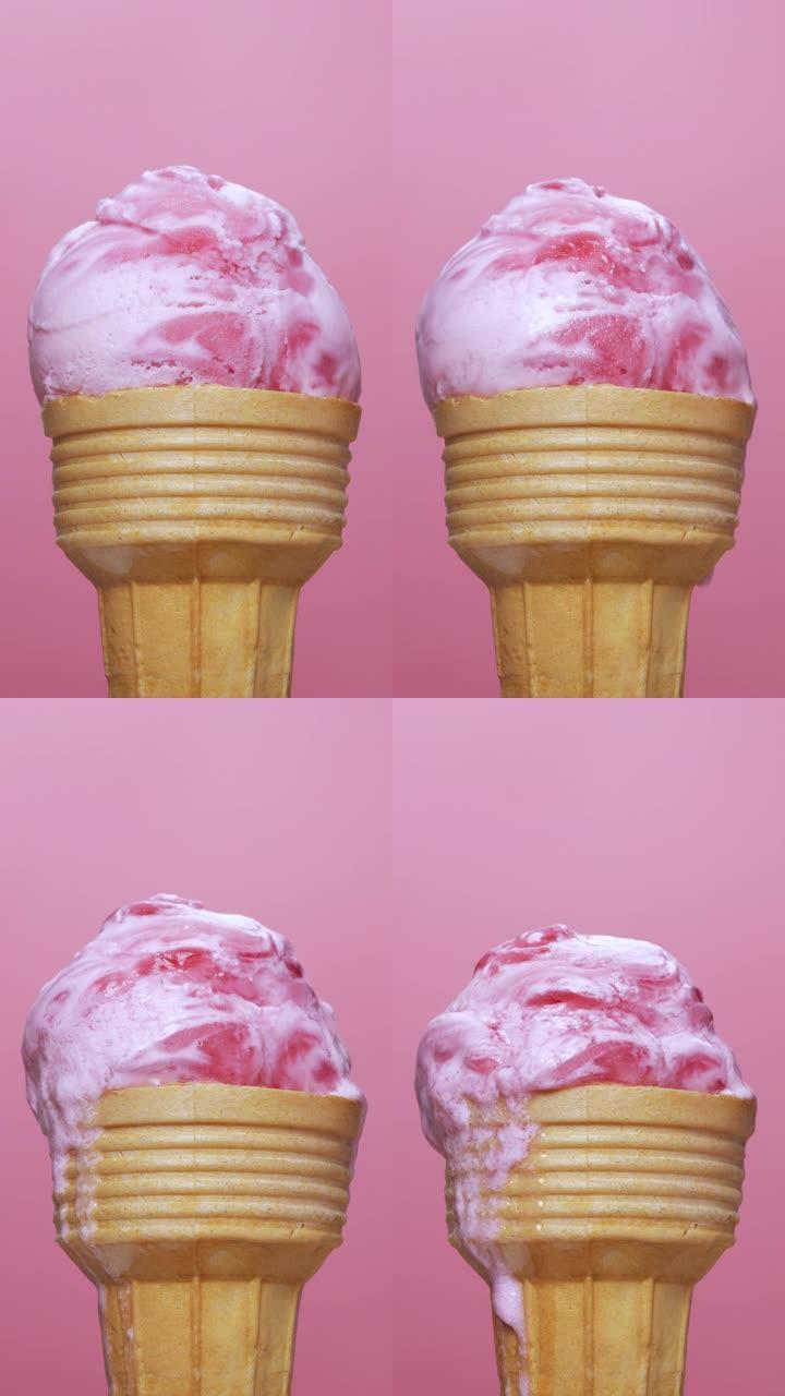 垂直延时视频，粉色背景上的草莓味冰淇淋。