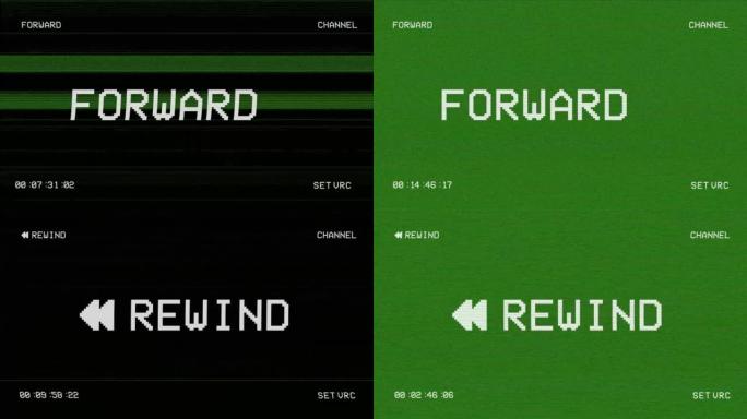 老式VHS。前进、倒带和停止场景。缺陷噪声和伪影效应。4k毛刺效应。