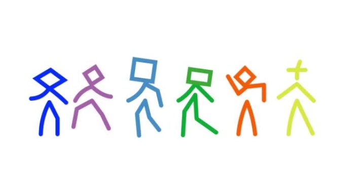 彩色火柴人角色在白色背景上跳舞的六个孩子或成人的动画。迪斯科或日间派对主题。