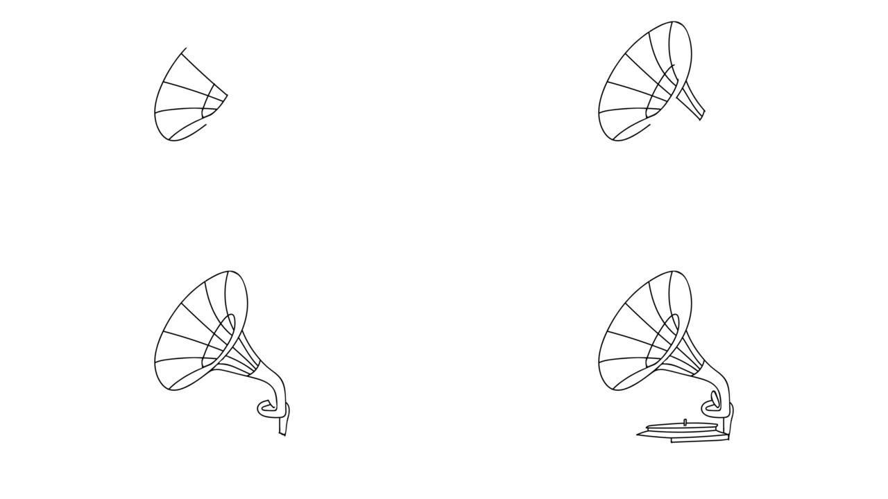 复古留声机图标的涂鸦动画。涂鸦复古留声机插图的绘画视频。白色背景上的复古留声机涂鸦视频