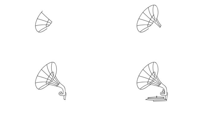 复古留声机图标的涂鸦动画。涂鸦复古留声机插图的绘画视频。白色背景上的复古留声机涂鸦视频
