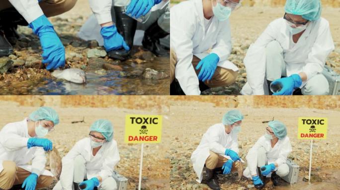 两名生态学家检查污染地区的污水