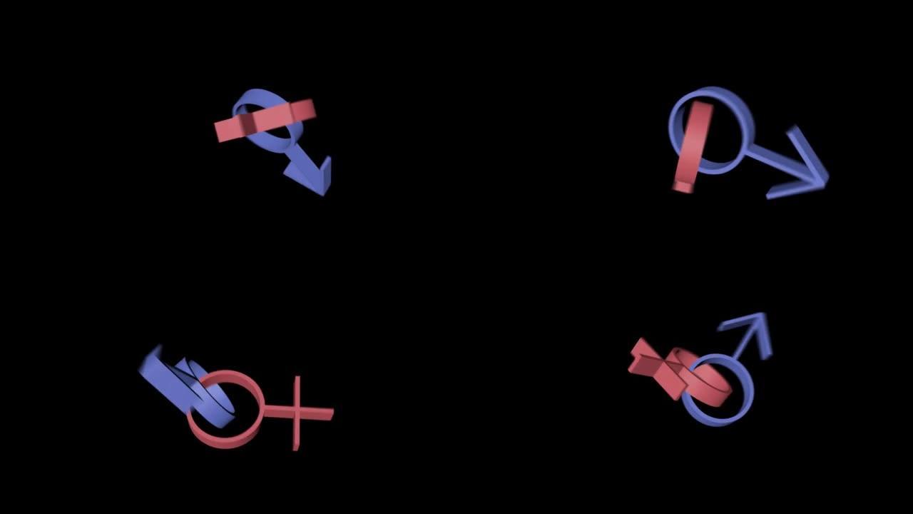 黑色背景上的旋转组合女性和男性性别符号