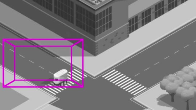自主送货机器人过马路2D黑白动画。自动送货车辆是指自动驾驶，无需人工调解即可送货。智能传感技术。