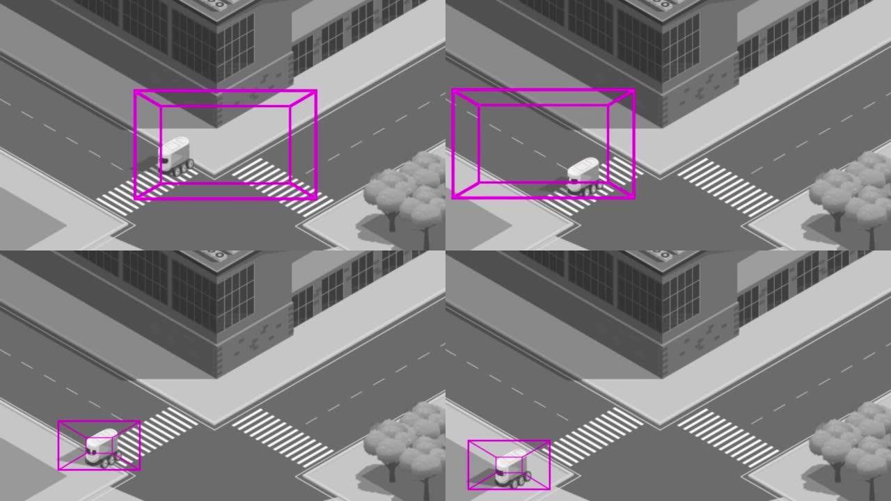 自主送货机器人过马路2D黑白动画。自动送货车辆是指自动驾驶，无需人工调解即可送货。智能传感技术。