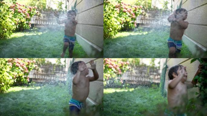 潮湿的小男孩在炎热的夏天在家庭花园向孩子喷水