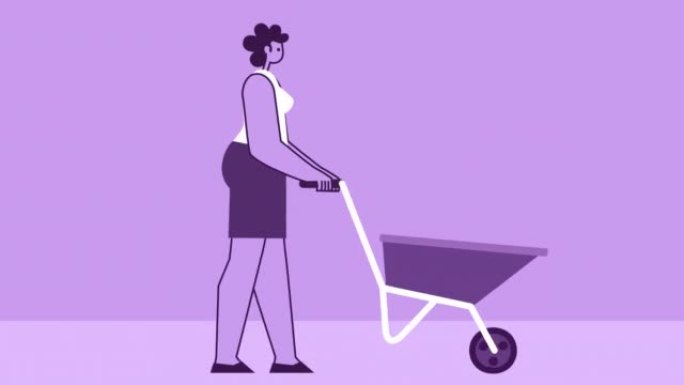 紫色风格的女人平性格推手手推车。孤立循环动画
