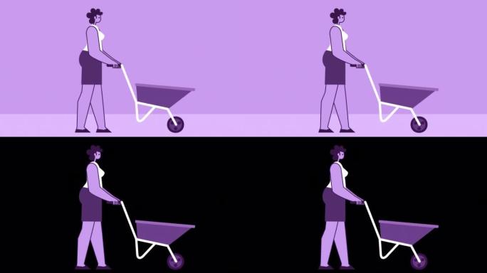紫色风格的女人平性格推手手推车。孤立循环动画