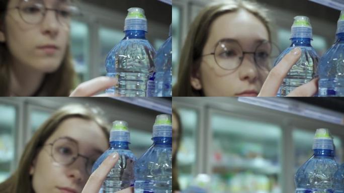年轻女子在超市购买一瓶矿泉水