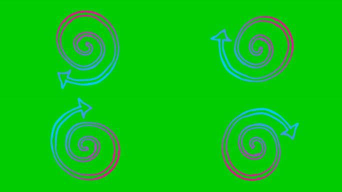 螺旋箭头旋转的动画图标。粉色蓝色符号旋转。循环视频。手绘矢量插图孤立在绿色背景上。