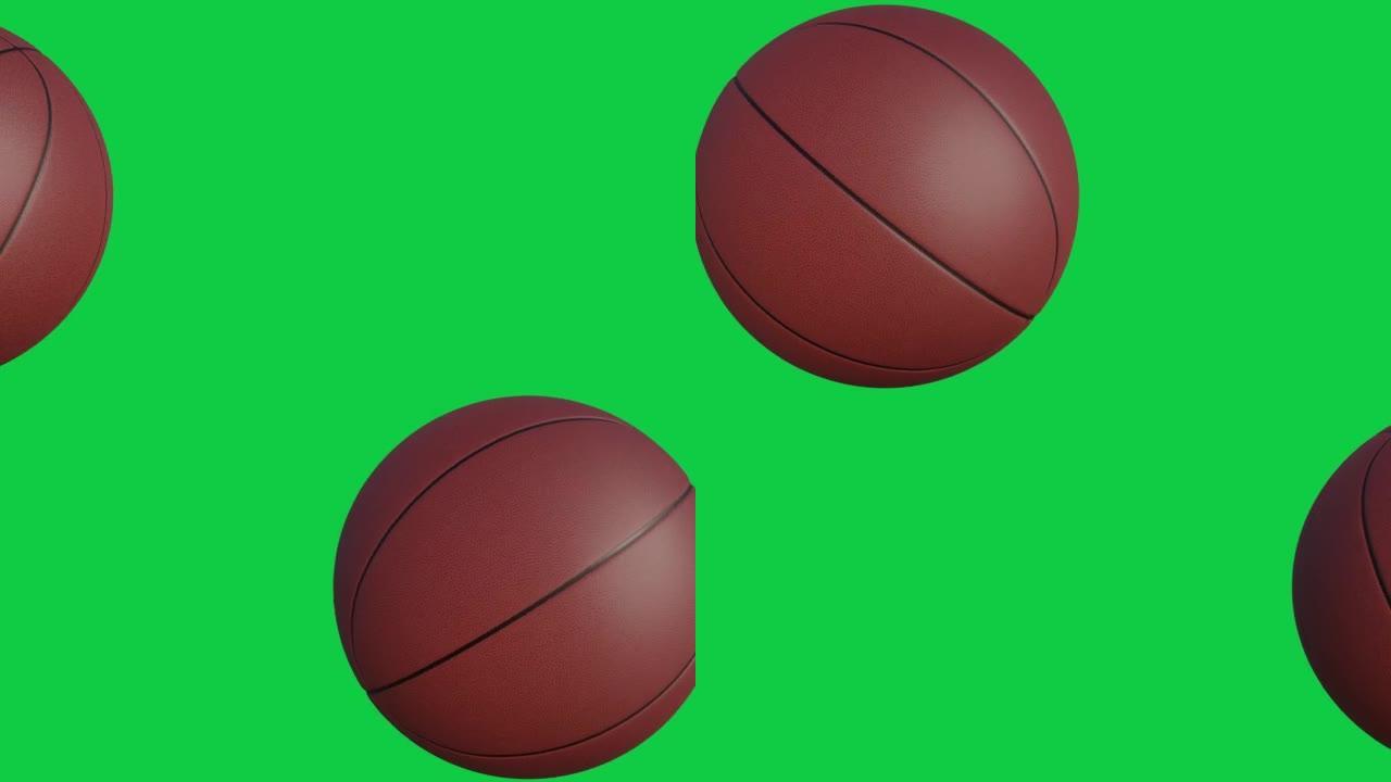 在绿色屏幕上滚动篮球。3D渲染视频