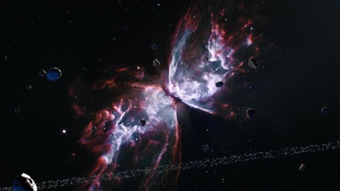 星系太空飞行探索ngc6302处的太空岩石。4k循环动画，飞越发光的星云，云和星星场。