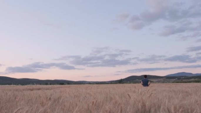 handsome young man running and jumping in wheat fi