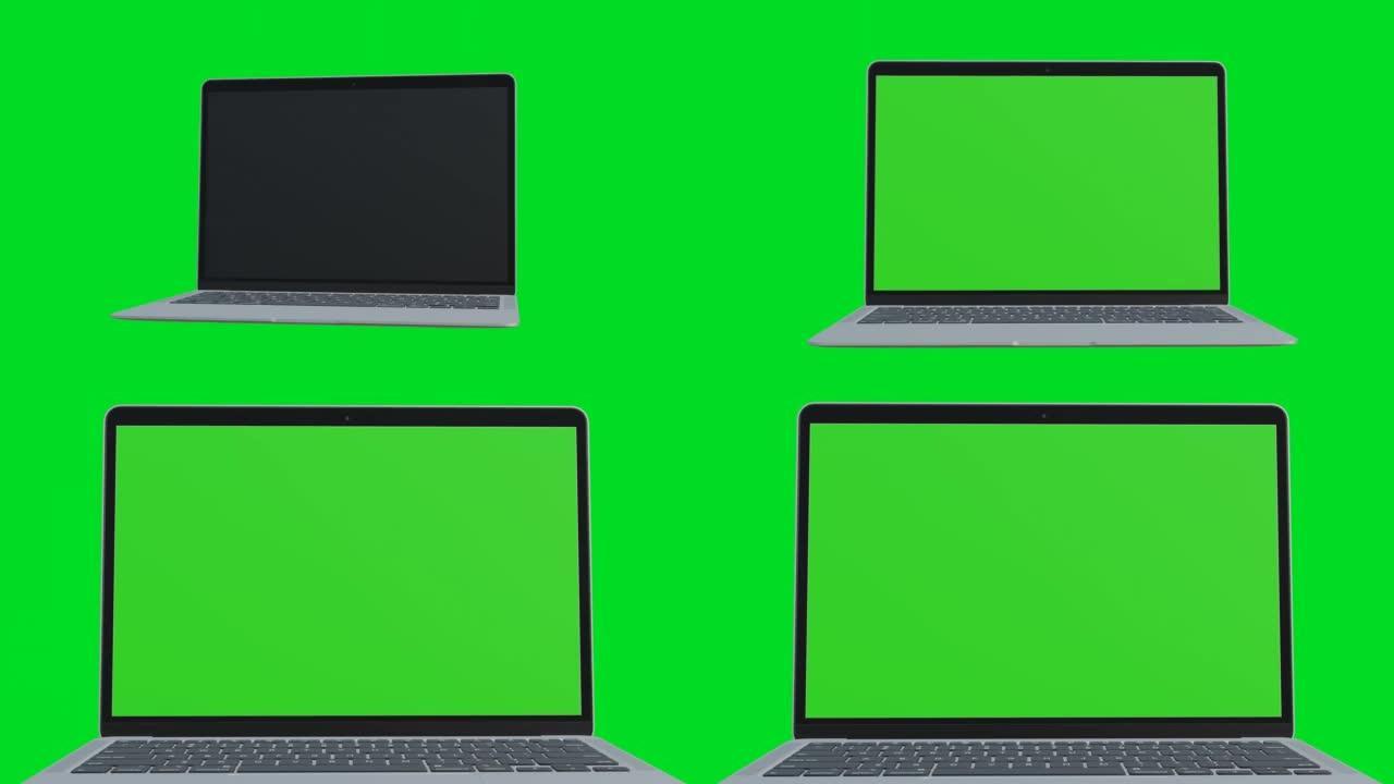 空的绿屏显示笔记本电脑观看粘贴背景e商业博客或游戏应用程序。复制带有清晰色度键的3d电脑用于模型。视