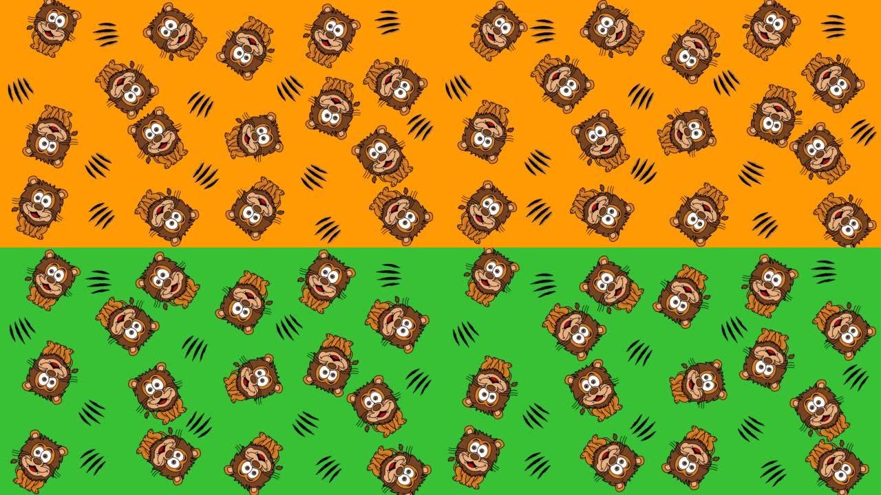 橙色和绿色背景上随机移动的几只狮子-动画