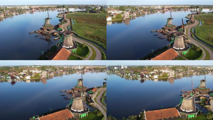 Zaanse Schans的风车，鸟瞰图。荷兰阿姆斯特丹的著名景点。荷兰磨坊和典型的荷兰景观在春季或