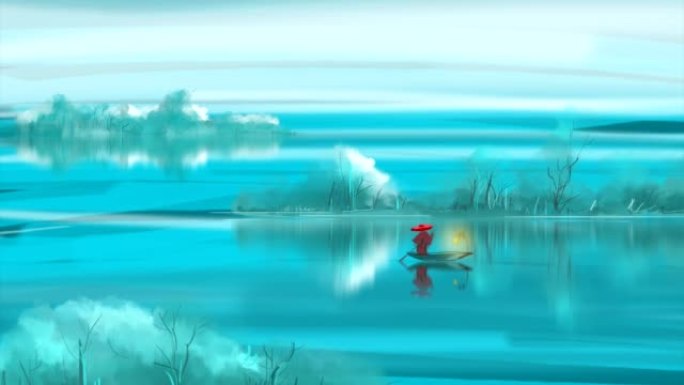 手绘风景动画，空灵湖和渔夫船。