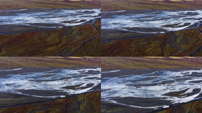 冰岛冰川的河流曲线和泥石流的鸟瞰图