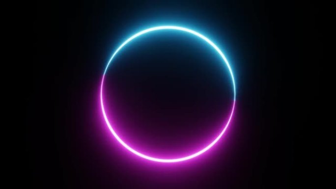 无缝循环圆形相框，在孤立的黑色背景上有两种色调的霓虹灯色调运动图形。覆盖元素的蓝色和粉红色光移动。4
