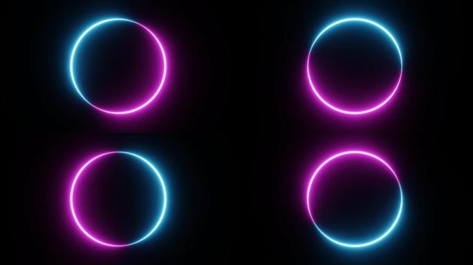 无缝循环圆形相框，在孤立的黑色背景上有两种色调的霓虹灯色调运动图形。覆盖元素的蓝色和粉红色光移动。4