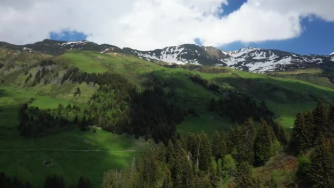 欧洲的绿色阿尔卑斯山乡村，在法国，向博福特，在阿尔卑斯山，在夏天，在一个阳光明媚的日子。