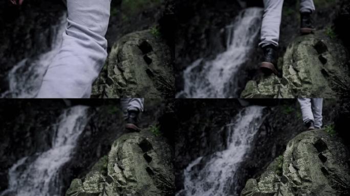 溪流大自然马丁靴徒步探险户外自然原始瀑布